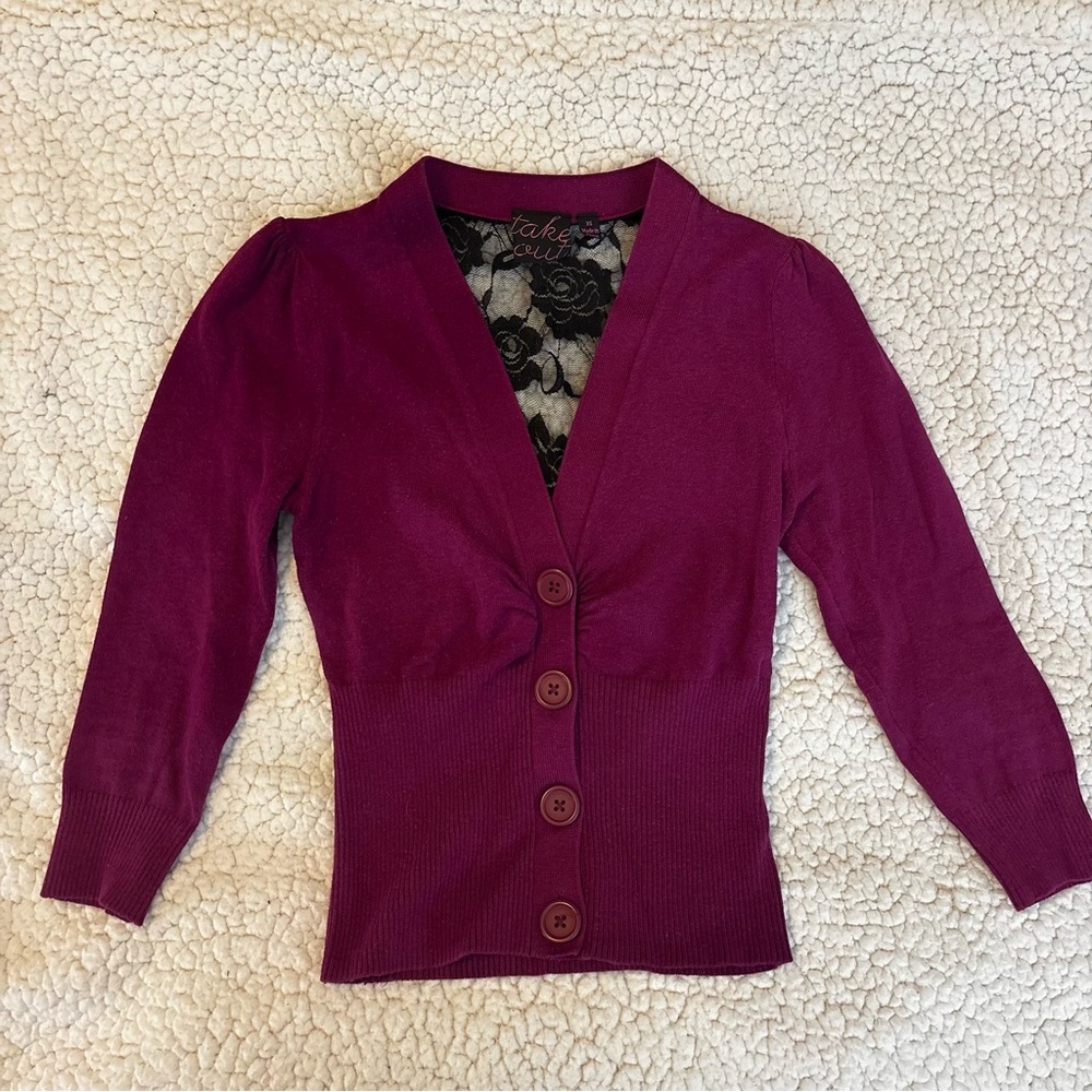 Purple Cardigan with Black Lace Detail